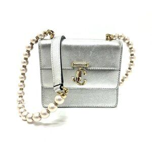 JIMMY CHOO Avenue Quad Faux Pearl Chain Shoulder Bag Leather Silver